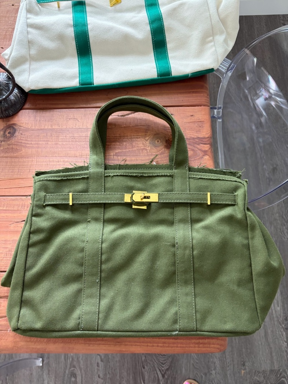 BOATKIN Olive Green Canvas Top-Handle Tote with Gold Hardware